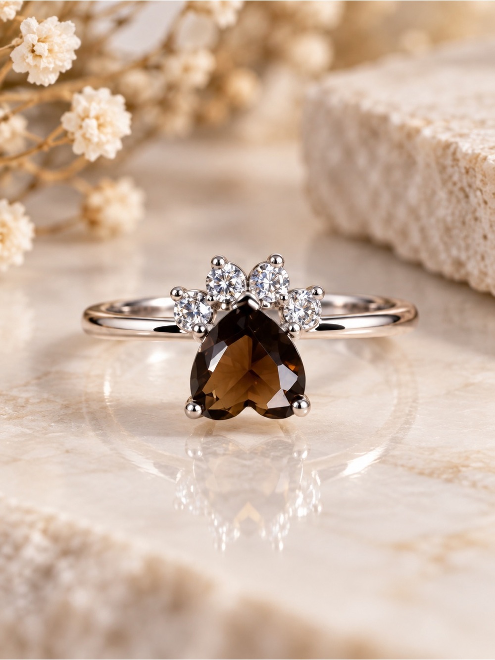 Paw Print Ring Brown Heart Stone Silver Tone Pet Lover Jewelry